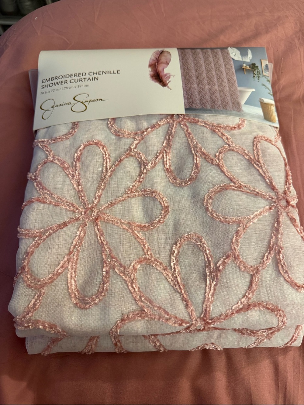 Jessica Simpson Pink Embroidered Chenille Shower Curtain Panel